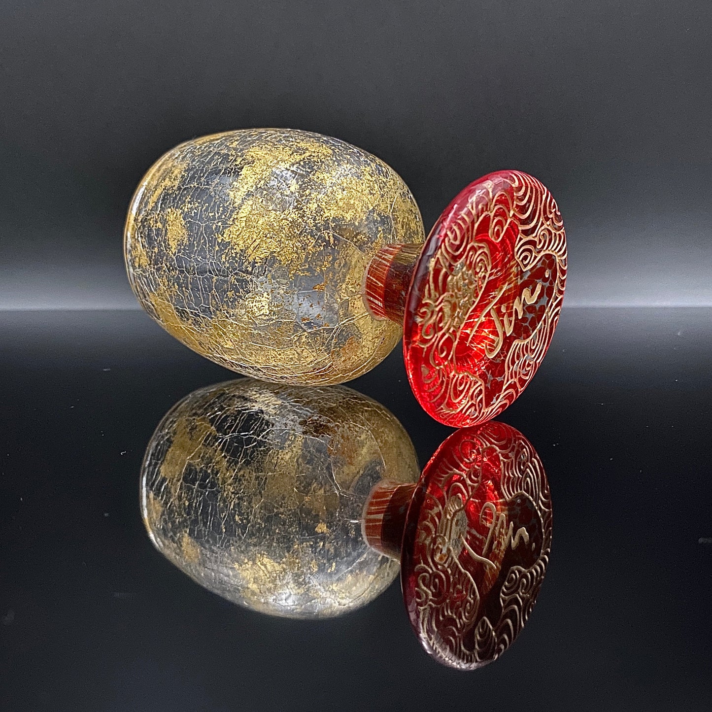 坂田 甚内(Jin)作 手吹き硝子 赤金彩 金箔 金彩 玻璃盃深甚紋グラス #41