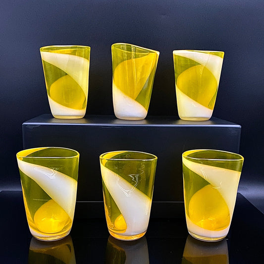 福岡 マルティグラス FTG Multiple Layer Glass 黄色&白色 マーブルガラス グラス 6点セット #49