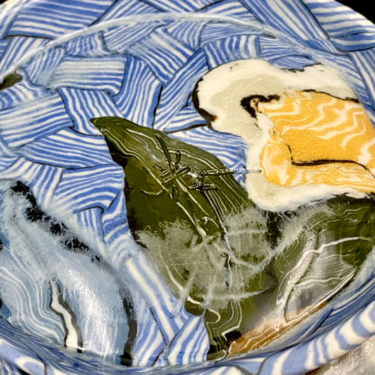 広島県重要無形文化財 内田 泰秀 晩年成熟期、1984年作陶の傑作、幻の技法「表裏貫通錦練上手」白椿文高足皿 遺族由来満中陰書簡付属 #258