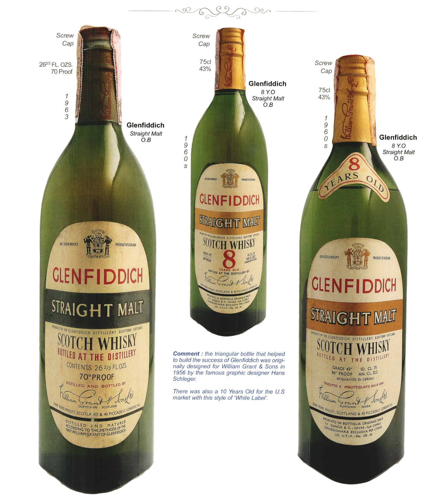 1970年代流通、グレンフィディック（Glenfiddich）8年ピュアモルト、26 2/3 Fl.ozs. 86° U.S. Proof クリアボトル #117