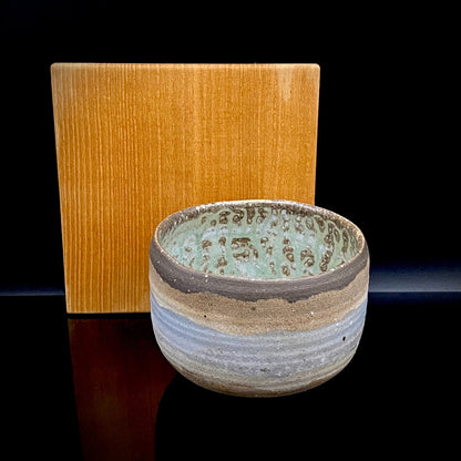 Mashiko Modern Ceramics, Apprentice to Shoji Kamoda (Tono Period), Shigeo Kojima: Banded Clay Slips Multi-Glazed Matcha Bowl, Japanese Rocks Glass #366