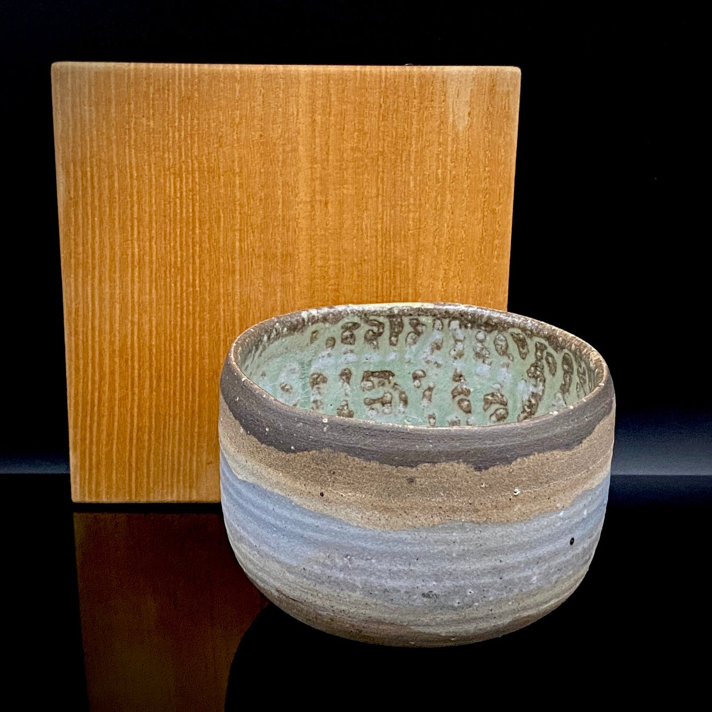 Mashiko Modern Ceramics, Apprentice to Shoji Kamoda (Tono Period), Shigeo Kojima: Banded Clay Slips Multi-Glazed Matcha Bowl, Japanese Rocks Glass #366