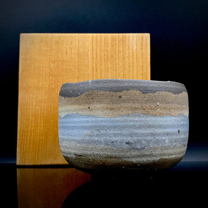 Mashiko Modern Ceramics, Apprentice to Shoji Kamoda (Tono Period), Shigeo Kojima: Banded Clay Slips Multi-Glazed Matcha Bowl, Japanese Rocks Glass #366