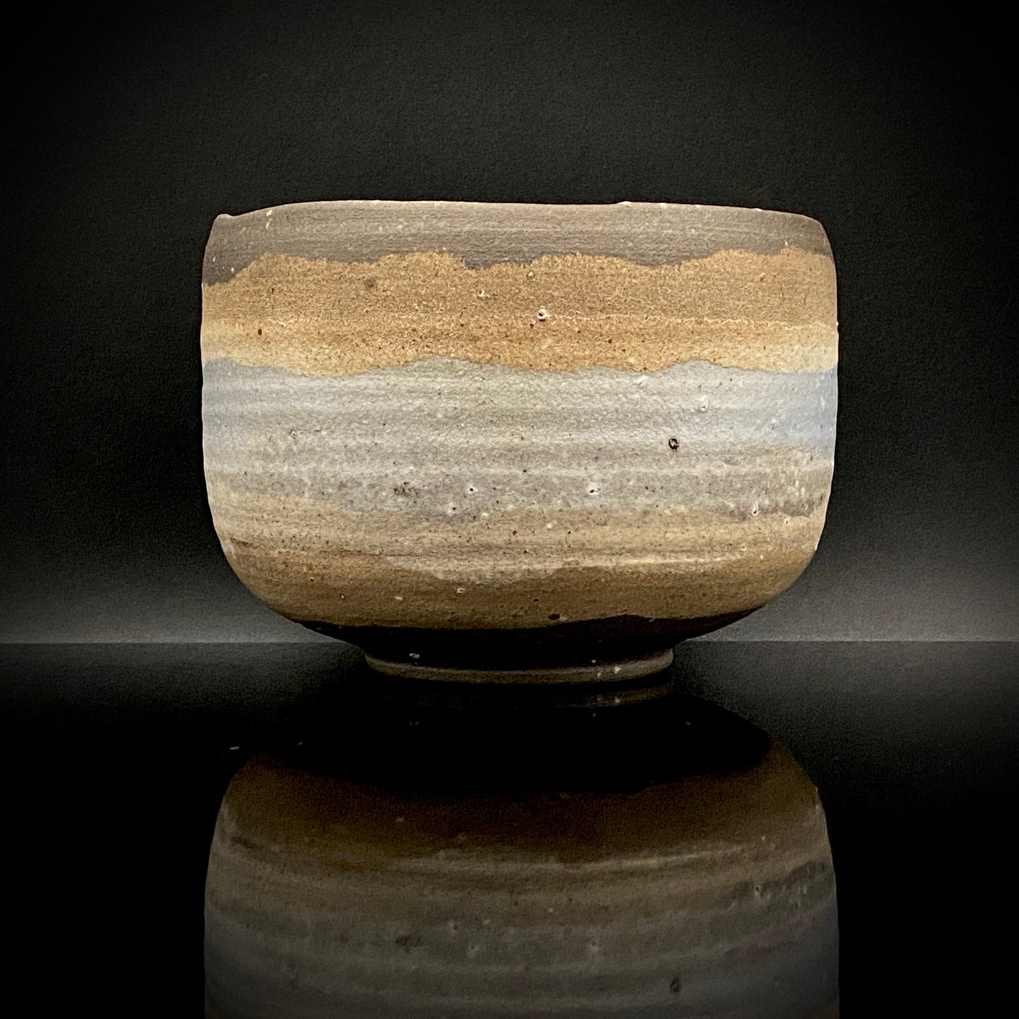 Mashiko Modern Ceramics, Apprentice to Shoji Kamoda (Tono Period), Shigeo Kojima: Banded Clay Slips Multi-Glazed Matcha Bowl, Japanese Rocks Glass #366