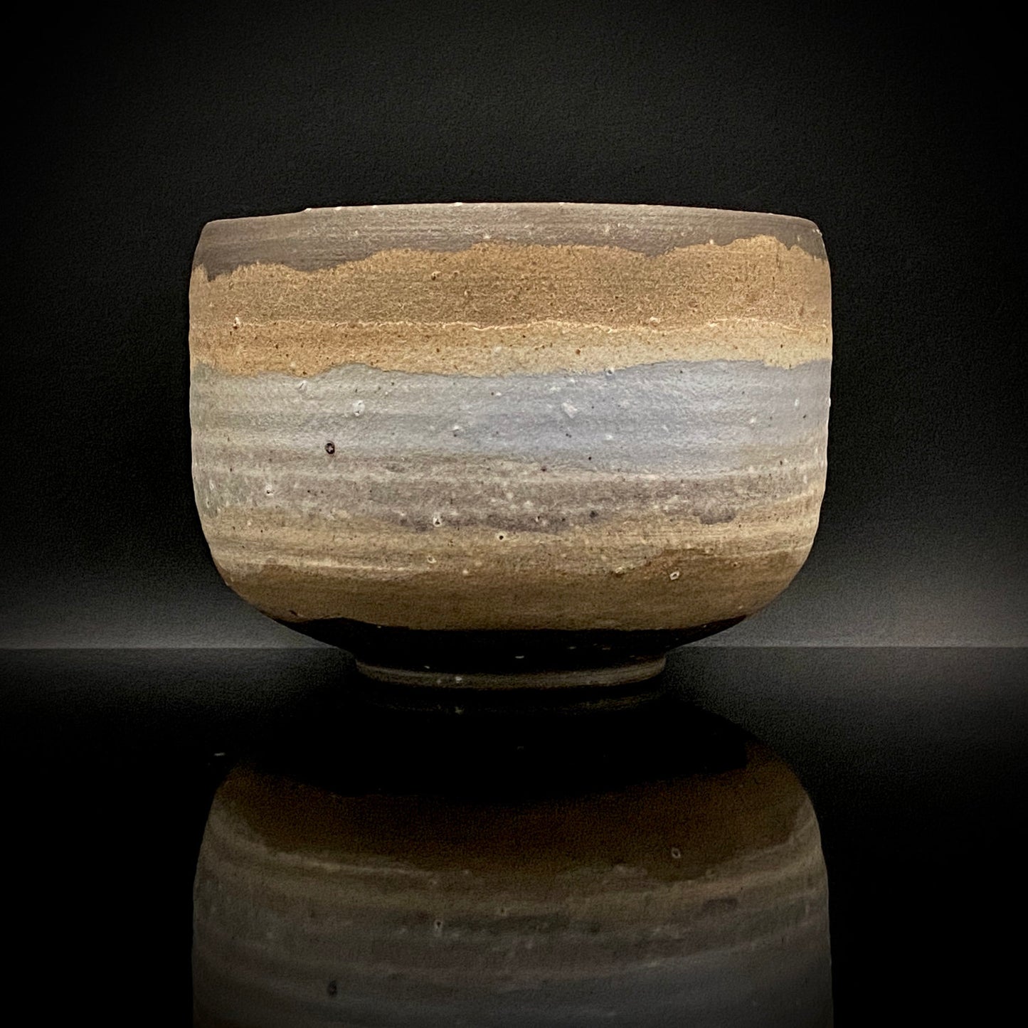 Mashiko Modern Ceramics, Apprentice to Shoji Kamoda (Tono Period), Shigeo Kojima: Banded Clay Slips Multi-Glazed Matcha Bowl, Japanese Rocks Glass #366