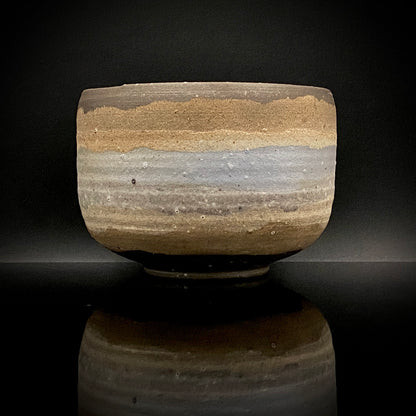 Mashiko Modern Ceramics, Apprentice to Shoji Kamoda (Tono Period), Shigeo Kojima: Banded Clay Slips Multi-Glazed Matcha Bowl, Japanese Rocks Glass #366