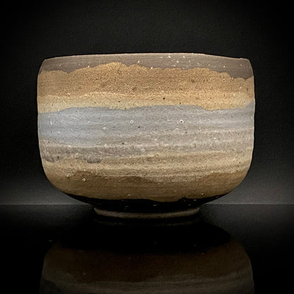 Mashiko Modern Ceramics, Apprentice to Shoji Kamoda (Tono Period), Shigeo Kojima: Banded Clay Slips Multi-Glazed Matcha Bowl, Japanese Rocks Glass #366