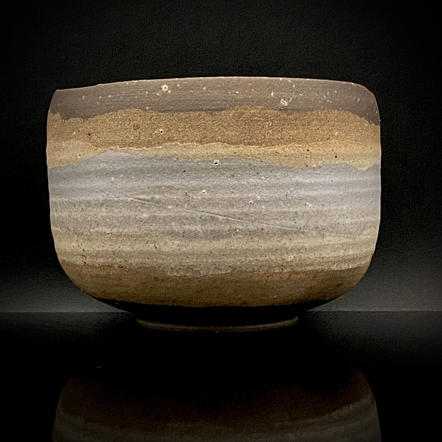 Mashiko Modern Ceramics, Apprentice to Shoji Kamoda (Tono Period), Shigeo Kojima: Banded Clay Slips Multi-Glazed Matcha Bowl, Japanese Rocks Glass #366