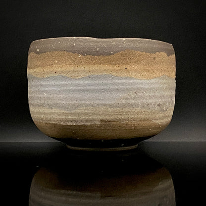 Mashiko Modern Ceramics, Apprentice to Shoji Kamoda (Tono Period), Shigeo Kojima: Banded Clay Slips Multi-Glazed Matcha Bowl, Japanese Rocks Glass #366