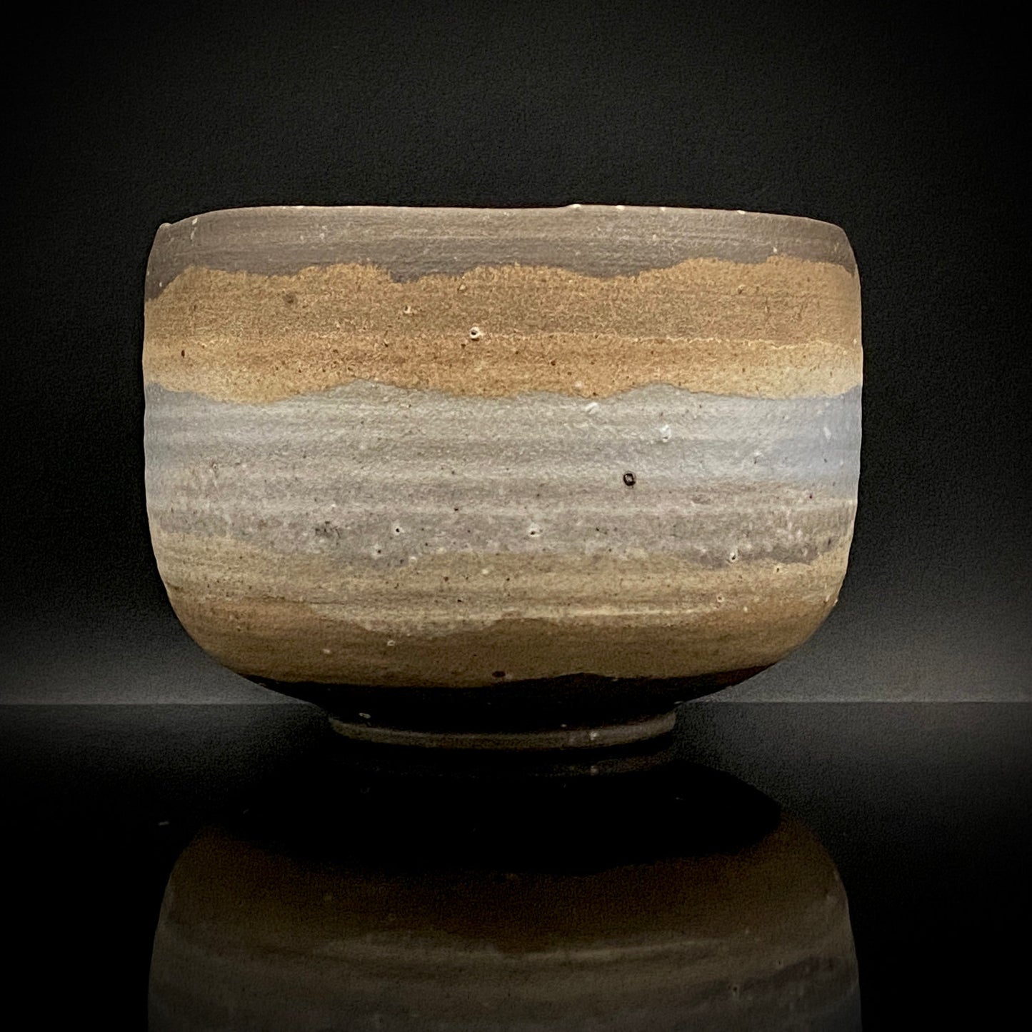 Mashiko Modern Ceramics, Apprentice to Shoji Kamoda (Tono Period), Shigeo Kojima: Banded Clay Slips Multi-Glazed Matcha Bowl, Japanese Rocks Glass #366