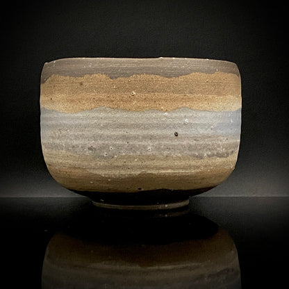 Mashiko Modern Ceramics, Apprentice to Shoji Kamoda (Tono Period), Shigeo Kojima: Banded Clay Slips Multi-Glazed Matcha Bowl, Japanese Rocks Glass #366