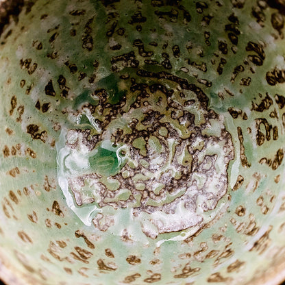 Mashiko Modern Ceramics, Apprentice to Shoji Kamoda (Tono Period), Shigeo Kojima: Banded Clay Slips Multi-Glazed Matcha Bowl, Japanese Rocks Glass #366