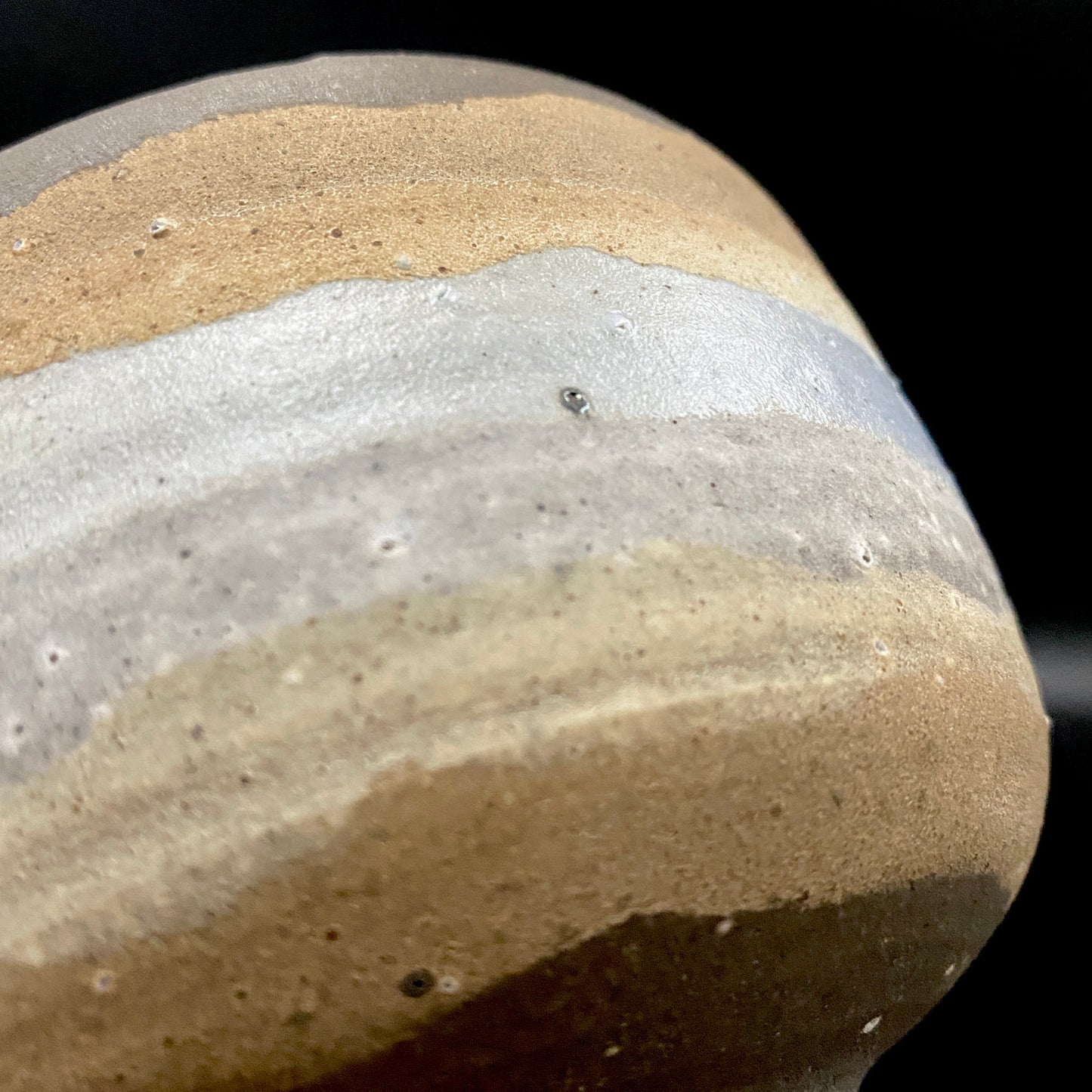 Mashiko Modern Ceramics, Apprentice to Shoji Kamoda (Tono Period), Shigeo Kojima: Banded Clay Slips Multi-Glazed Matcha Bowl, Japanese Rocks Glass #366