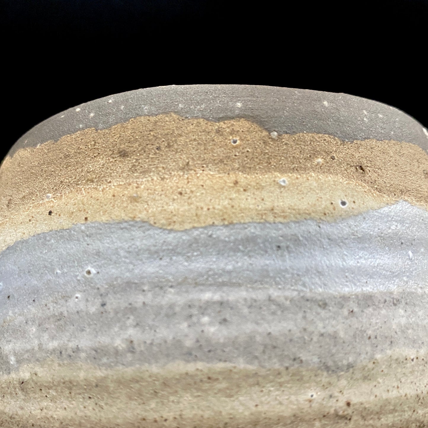 Mashiko Modern Ceramics, Apprentice to Shoji Kamoda (Tono Period), Shigeo Kojima: Banded Clay Slips Multi-Glazed Matcha Bowl, Japanese Rocks Glass #366