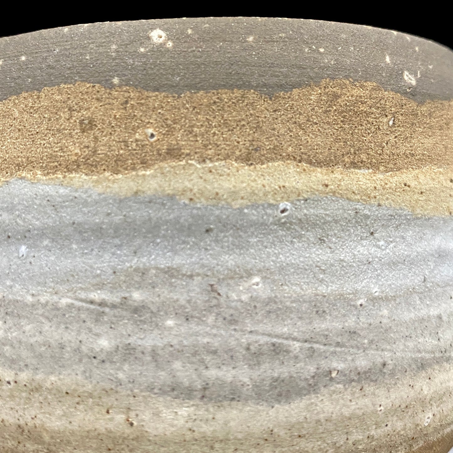 Mashiko Modern Ceramics, Apprentice to Shoji Kamoda (Tono Period), Shigeo Kojima: Banded Clay Slips Multi-Glazed Matcha Bowl, Japanese Rocks Glass #366