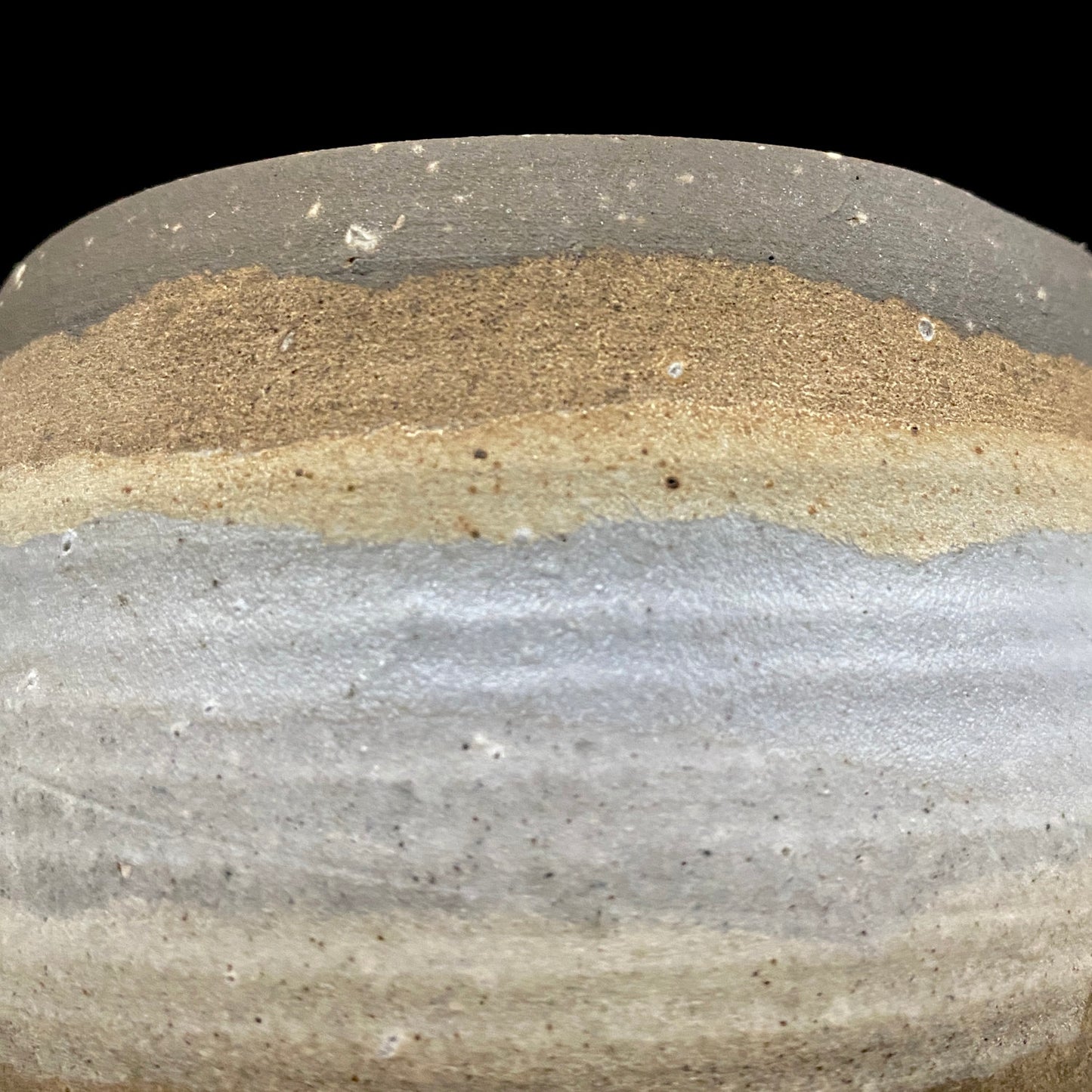 Mashiko Modern Ceramics, Apprentice to Shoji Kamoda (Tono Period), Shigeo Kojima: Banded Clay Slips Multi-Glazed Matcha Bowl, Japanese Rocks Glass #366