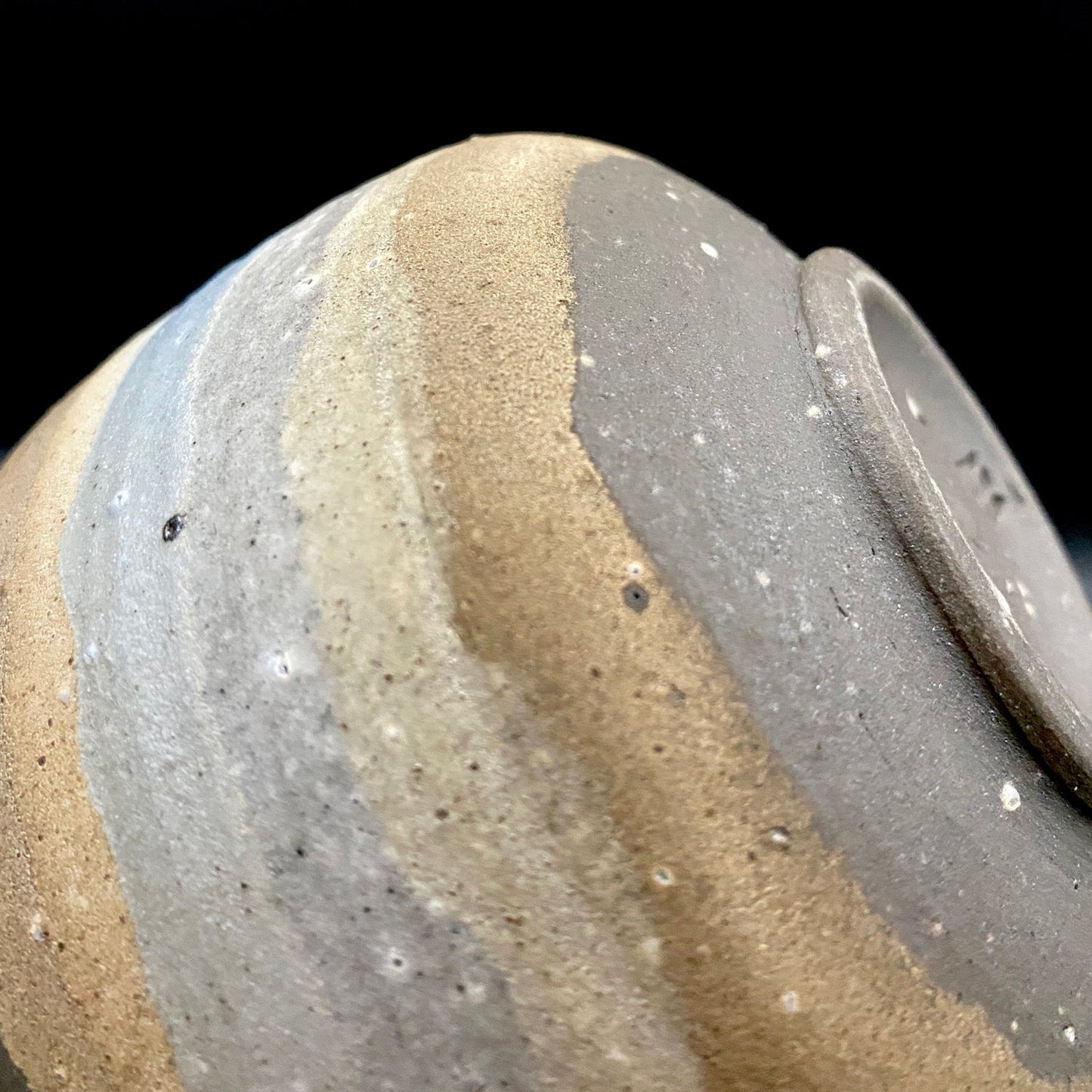 Mashiko Modern Ceramics, Apprentice to Shoji Kamoda (Tono Period), Shigeo Kojima: Banded Clay Slips Multi-Glazed Matcha Bowl, Japanese Rocks Glass #366