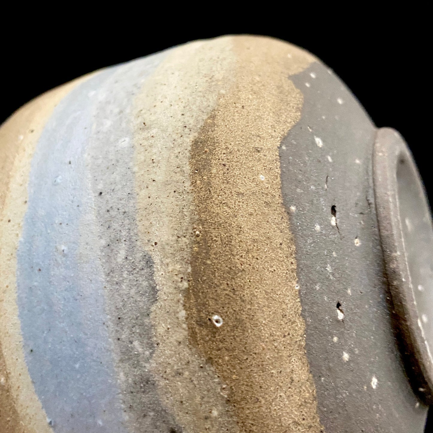 Mashiko Modern Ceramics, Apprentice to Shoji Kamoda (Tono Period), Shigeo Kojima: Banded Clay Slips Multi-Glazed Matcha Bowl, Japanese Rocks Glass #366