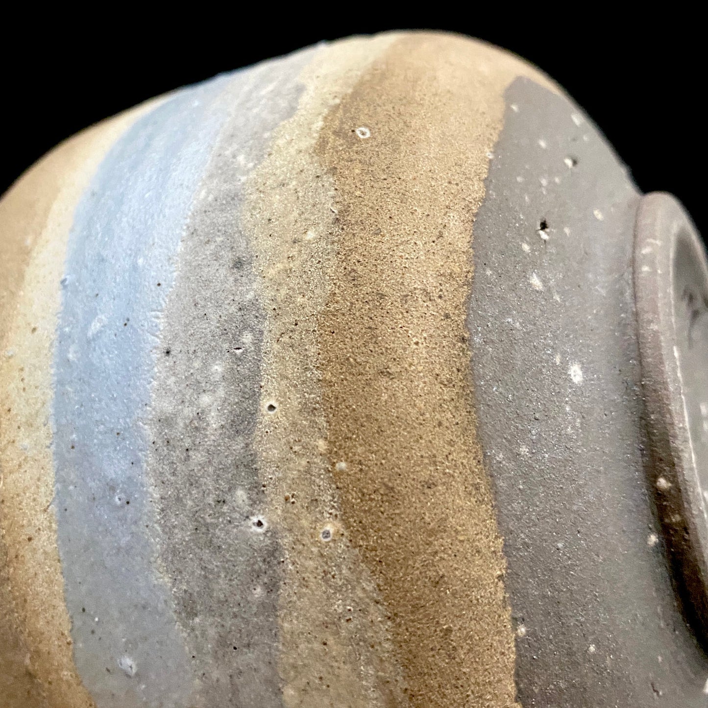 Mashiko Modern Ceramics, Apprentice to Shoji Kamoda (Tono Period), Shigeo Kojima: Banded Clay Slips Multi-Glazed Matcha Bowl, Japanese Rocks Glass #366