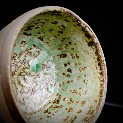 Mashiko Modern Ceramics, Apprentice to Shoji Kamoda (Tono Period), Shigeo Kojima: Banded Clay Slips Multi-Glazed Matcha Bowl, Japanese Rocks Glass #366