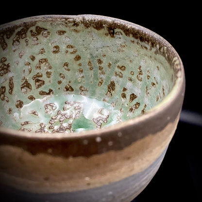 Mashiko Modern Ceramics, Apprentice to Shoji Kamoda (Tono Period), Shigeo Kojima: Banded Clay Slips Multi-Glazed Matcha Bowl, Japanese Rocks Glass #366