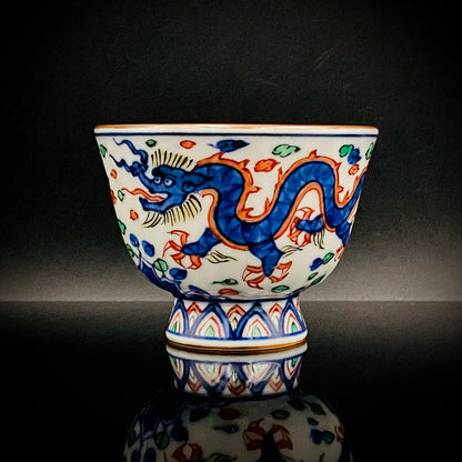 Kyoto Kiyomizu Ware, Master Artisan of Kyoto, Traditional Craftsman Shosen Tsuchiyama: Heian Shosen Polychrome Dragon and Phoenix Sake Cup, Guinomi, Japanese Shot Glass #377