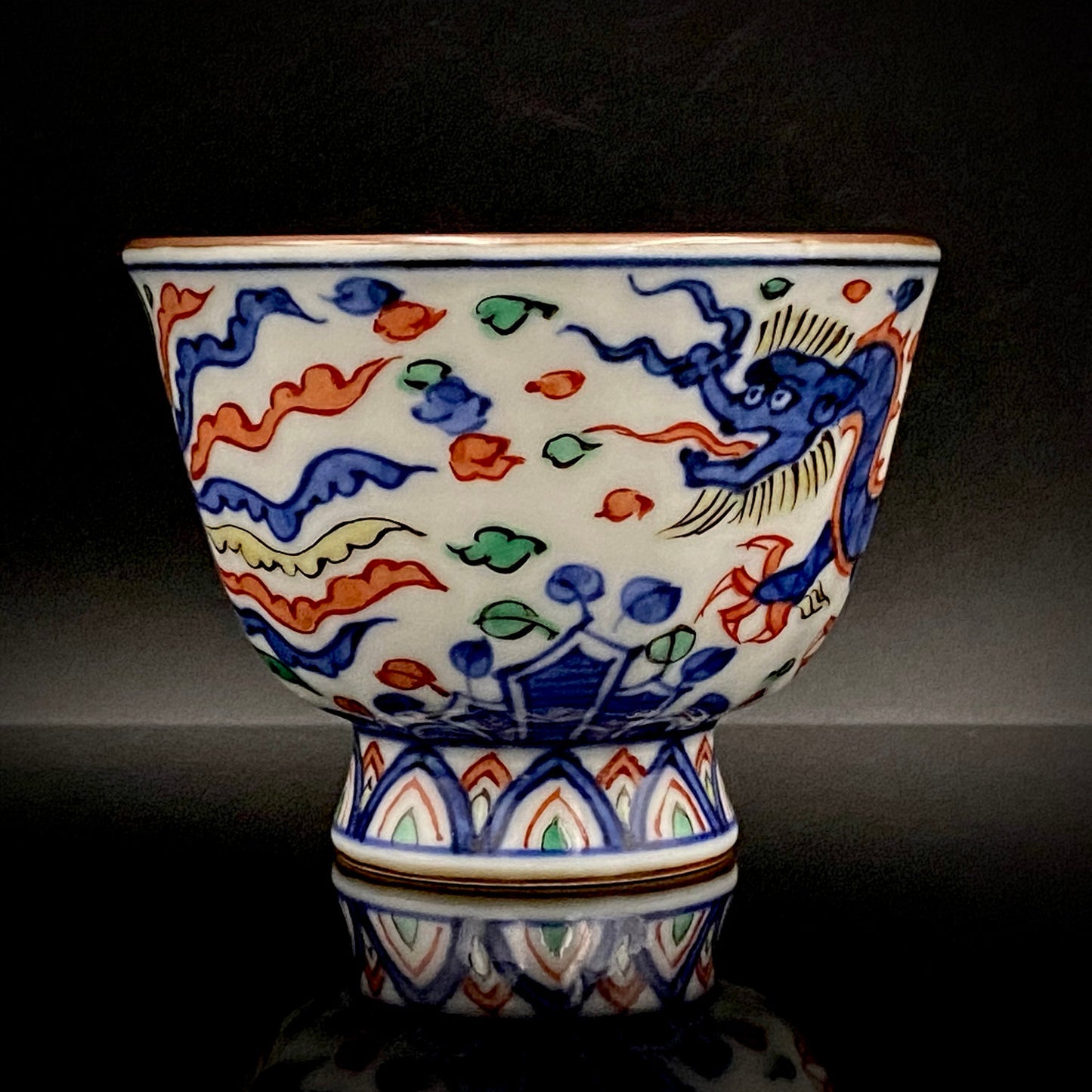 Kyoto Kiyomizu Ware, Master Artisan of Kyoto, Traditional Craftsman Shosen Tsuchiyama: Heian Shosen Polychrome Dragon and Phoenix Sake Cup, Guinomi, Japanese Shot Glass #377