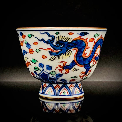 Kyoto Kiyomizu Ware, Master Artisan of Kyoto, Traditional Craftsman Shosen Tsuchiyama: Heian Shosen Polychrome Dragon and Phoenix Sake Cup, Guinomi, Japanese Shot Glass #377
