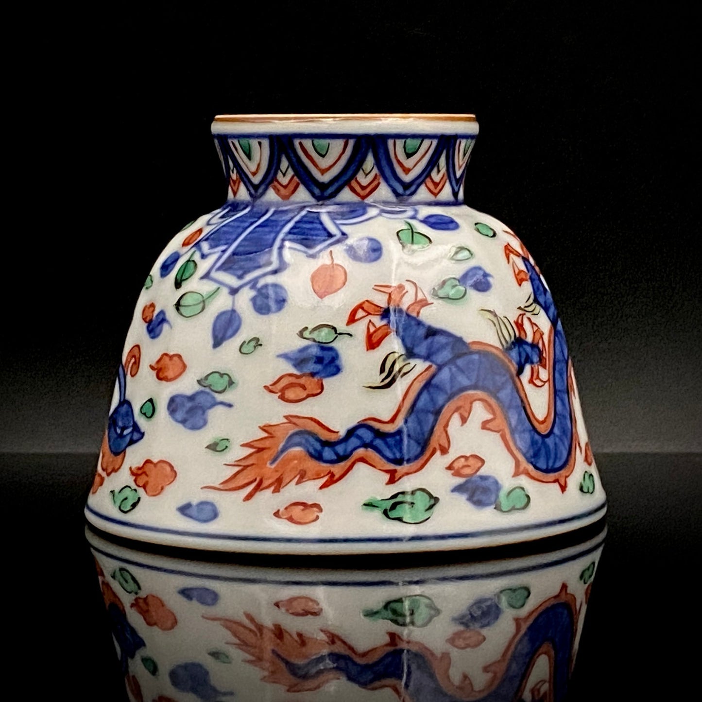 Kyoto Kiyomizu Ware, Master Artisan of Kyoto, Traditional Craftsman Shosen Tsuchiyama: Heian Shosen Polychrome Dragon and Phoenix Sake Cup, Guinomi, Japanese Shot Glass #377