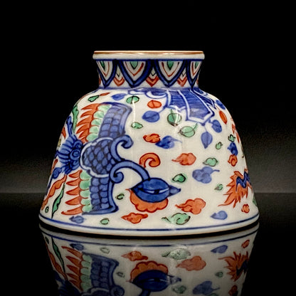 Kyoto Kiyomizu Ware, Master Artisan of Kyoto, Traditional Craftsman Shosen Tsuchiyama: Heian Shosen Polychrome Dragon and Phoenix Sake Cup, Guinomi, Japanese Shot Glass #377