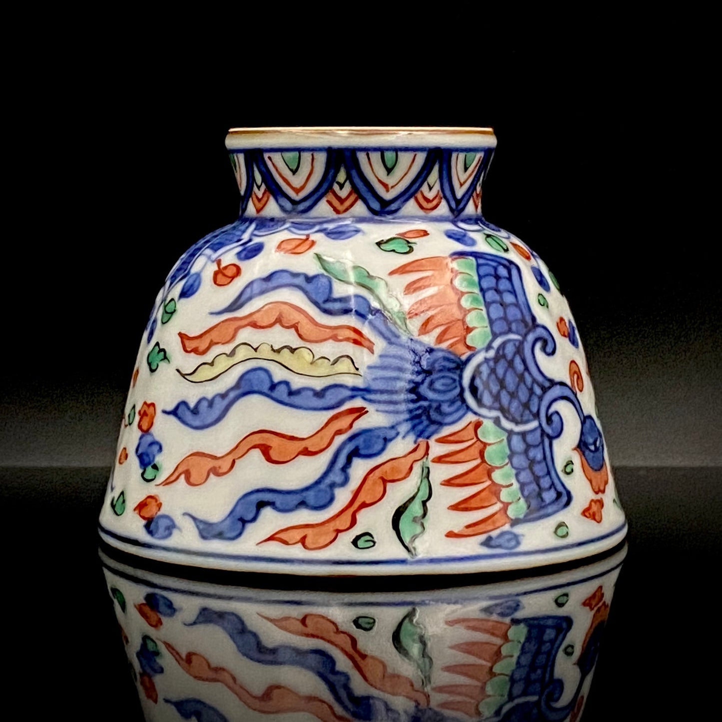 Kyoto Kiyomizu Ware, Master Artisan of Kyoto, Traditional Craftsman Shosen Tsuchiyama: Heian Shosen Polychrome Dragon and Phoenix Sake Cup, Guinomi, Japanese Shot Glass #377