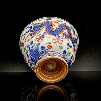 Kyoto Kiyomizu Ware, Master Artisan of Kyoto, Traditional Craftsman Shosen Tsuchiyama: Heian Shosen Polychrome Dragon and Phoenix Sake Cup, Guinomi, Japanese Shot Glass #377