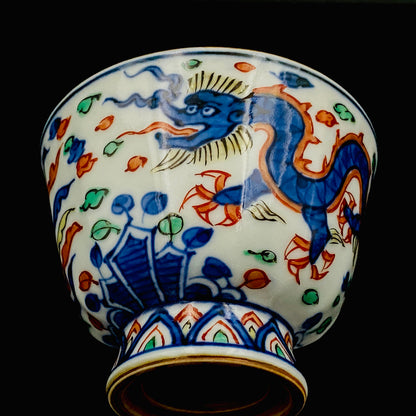 Kyoto Kiyomizu Ware, Master Artisan of Kyoto, Traditional Craftsman Shosen Tsuchiyama: Heian Shosen Polychrome Dragon and Phoenix Sake Cup, Guinomi, Japanese Shot Glass #377