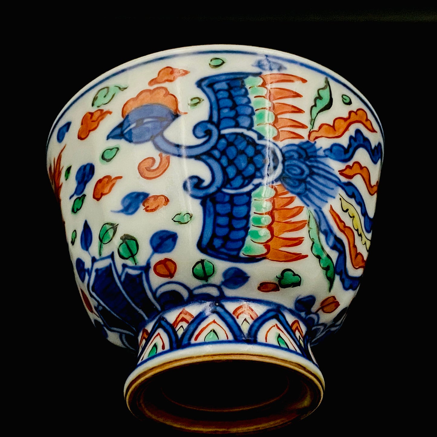 Kyoto Kiyomizu Ware, Master Artisan of Kyoto, Traditional Craftsman Shosen Tsuchiyama: Heian Shosen Polychrome Dragon and Phoenix Sake Cup, Guinomi, Japanese Shot Glass #377