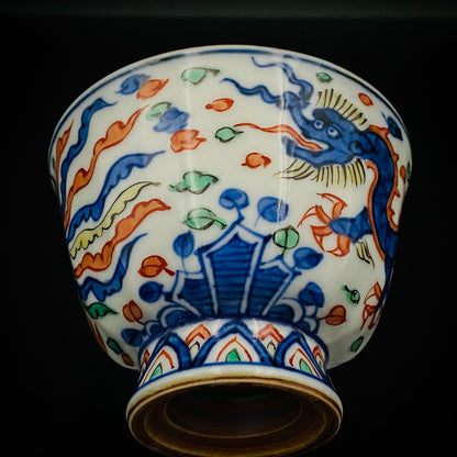 Kyoto Kiyomizu Ware, Master Artisan of Kyoto, Traditional Craftsman Shosen Tsuchiyama: Heian Shosen Polychrome Dragon and Phoenix Sake Cup, Guinomi, Japanese Shot Glass #377