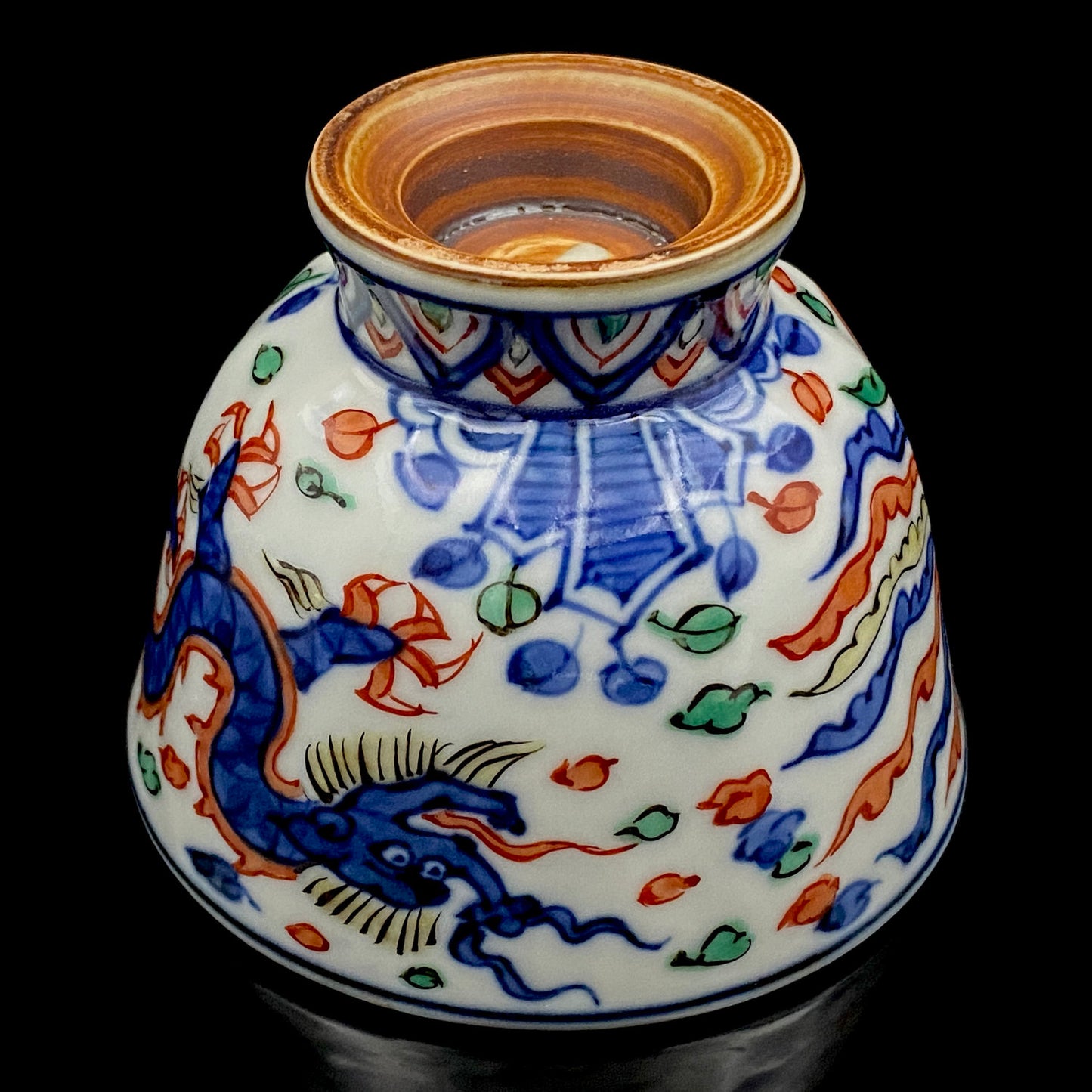 Kyoto Kiyomizu Ware, Master Artisan of Kyoto, Traditional Craftsman Shosen Tsuchiyama: Heian Shosen Polychrome Dragon and Phoenix Sake Cup, Guinomi, Japanese Shot Glass #377