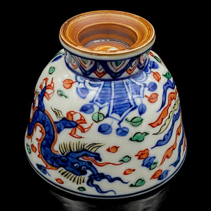Kyoto Kiyomizu Ware, Master Artisan of Kyoto, Traditional Craftsman Shosen Tsuchiyama: Heian Shosen Polychrome Dragon and Phoenix Sake Cup, Guinomi, Japanese Shot Glass #377