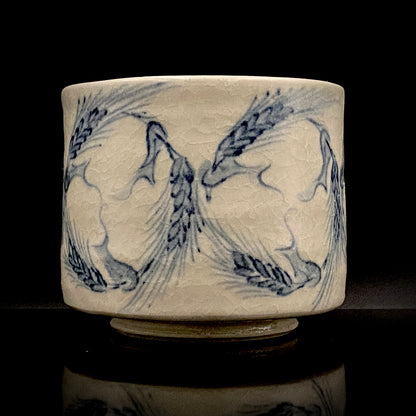 青山窑 青山德弘（Aoyama Norihiro）作 白釉贯入染付麦穗纹 筒型自由杯 和风威士忌杯 酒器 #381