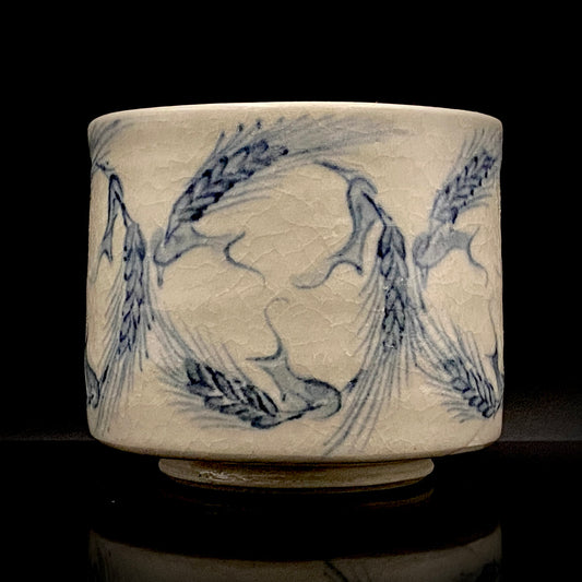 Aoyama Kiln, Mr. Norihiro Aoyama: White Glaze Crackle Underglaze Cobalt Wheat Ear Motif Cylindrical Free Cup, Japanese Rocks Glass, Sake Vessel #381