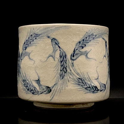 青山窑 青山德弘（Aoyama Norihiro）作 白釉贯入染付麦穗纹 筒型自由杯 和风威士忌杯 酒器 #381