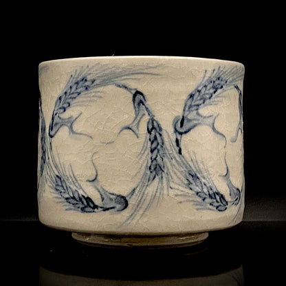 青山窑 青山德弘（Aoyama Norihiro）作 白釉贯入染付麦穗纹 筒型自由杯 和风威士忌杯 酒器 #381