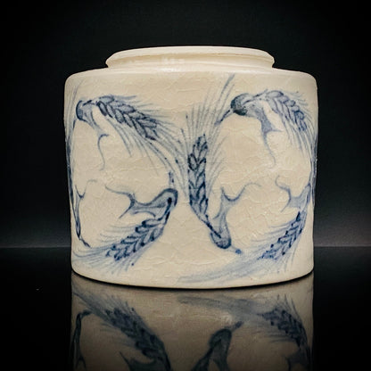 青山窑 青山德弘（Aoyama Norihiro）作 白釉贯入染付麦穗纹 筒型自由杯 和风威士忌杯 酒器 #381