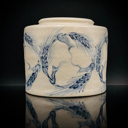 青山窑 青山德弘（Aoyama Norihiro）作 白釉贯入染付麦穗纹 筒型自由杯 和风威士忌杯 酒器 #381