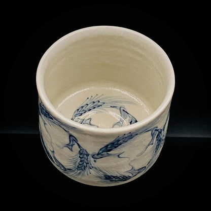 青山窑 青山德弘（Aoyama Norihiro）作 白釉贯入染付麦穗纹 筒型自由杯 和风威士忌杯 酒器 #381