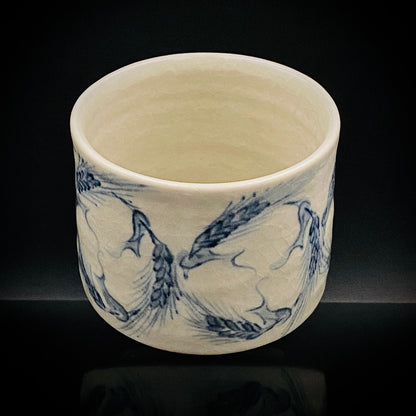 青山窑 青山德弘（Aoyama Norihiro）作 白釉贯入染付麦穗纹 筒型自由杯 和风威士忌杯 酒器 #381