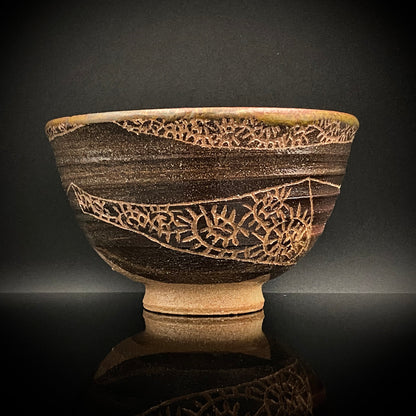 伊万里 渚窯 高木 和安 作 縄文刻文窯変茶盌 抹茶碗 酒器 原始美術 和のロックグラス #392