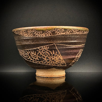 伊万里 渚窯 高木 和安 作 縄文刻文窯変茶盌 抹茶碗 酒器 原始美術 和のロックグラス #392