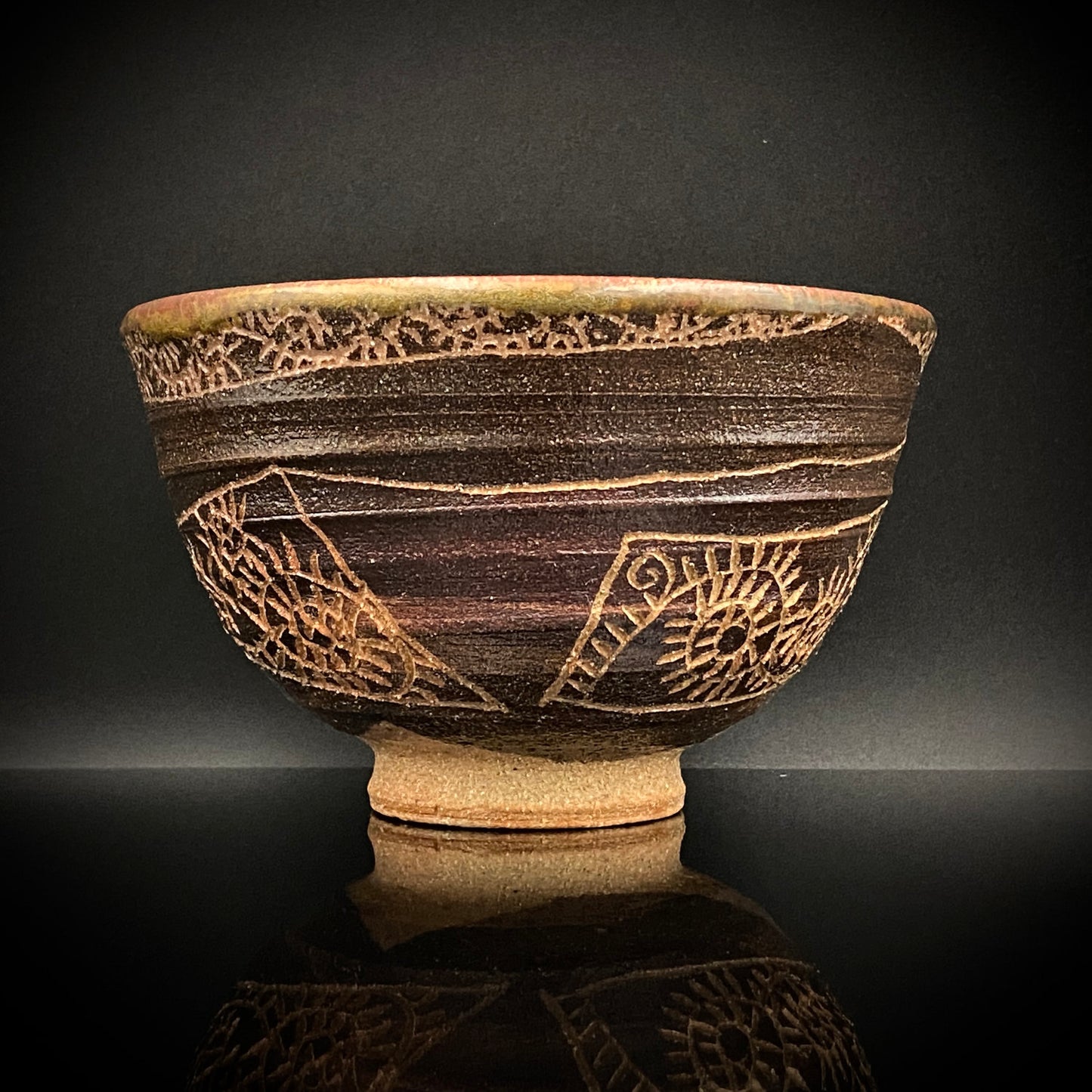 伊万里 渚窯 高木 和安 作 縄文刻文窯変茶盌 抹茶碗 酒器 原始美術 和のロックグラス #392