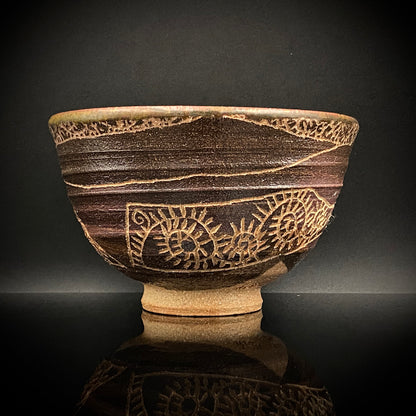 伊万里 渚窯 高木 和安 作 縄文刻文窯変茶盌 抹茶碗 酒器 原始美術 和のロックグラス #392
