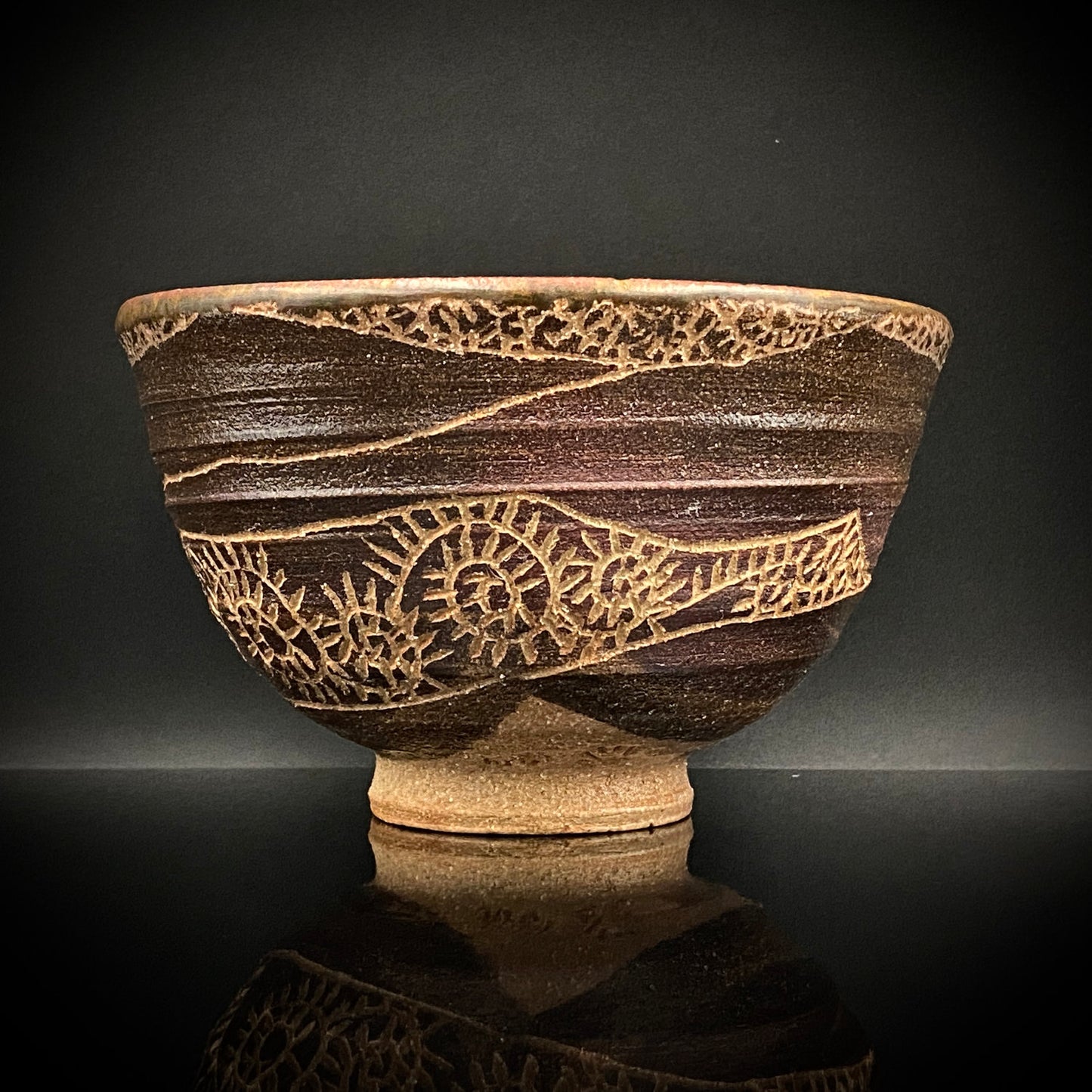 伊万里 渚窯 高木 和安 作 縄文刻文窯変茶盌 抹茶碗 酒器 原始美術 和のロックグラス #392
